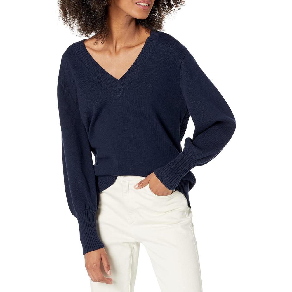 imageCable Stitch Womens Textured Back Cotton Sweater  Long Lantern Sleeve VNeck Solid Color Pullover Knit TopNavy