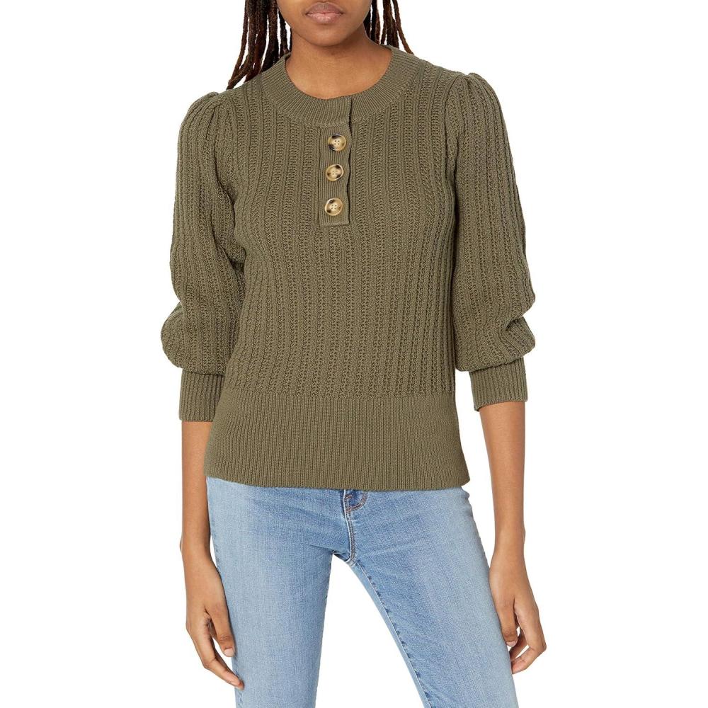 imageCable Stitch Womens Textured Henley Sweater  Crewneck Long Sleeve Pleated Shoulder Cotton Ribbed Pullover TopOlive