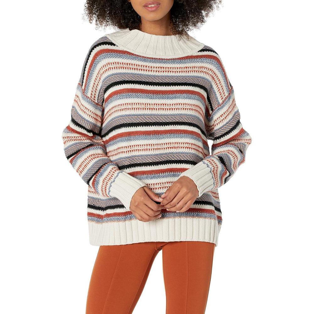 imageCable Stitch Womens Textured Stripe Boxy Pullover Sweater  Funnel Neck Long Sleeve Drop Shoulder Oversized Chunky Knit TopMulti