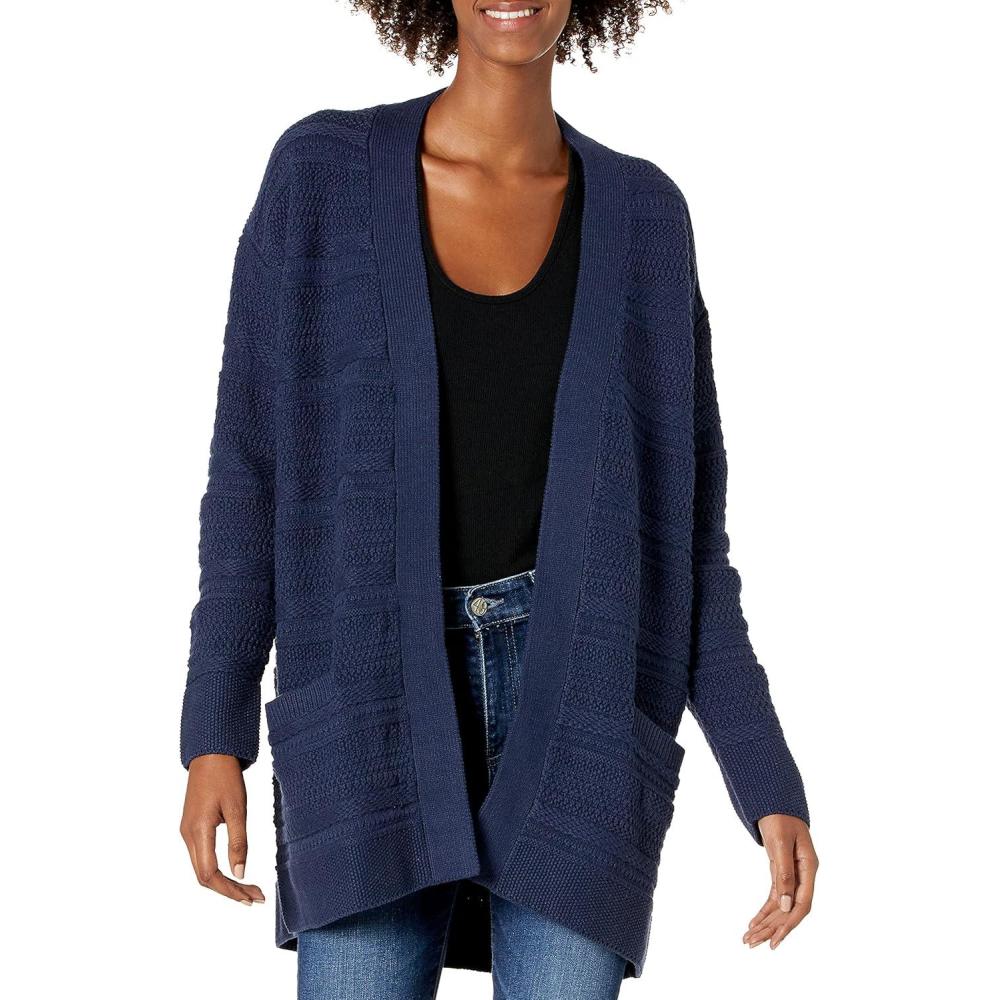 imageCable Stitch Womens Textured Tunic Cardigan  Open Front Long Sleeve Knit Coverup Sweater with PocketsNavy