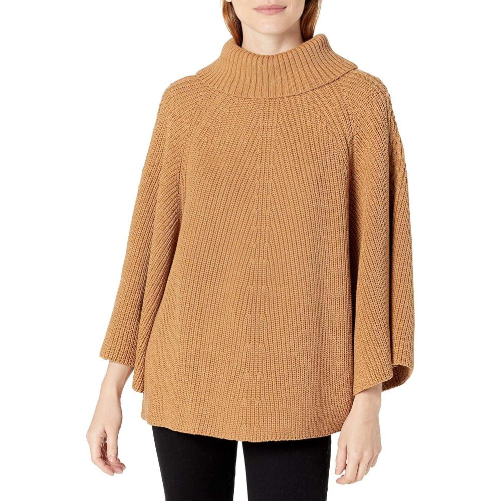 imageCable Stitch Womens Turtleneck Poncho Sweater  Loose Fit Oversized 34 Sleeve Tunic Pullover Coverup TopCamel