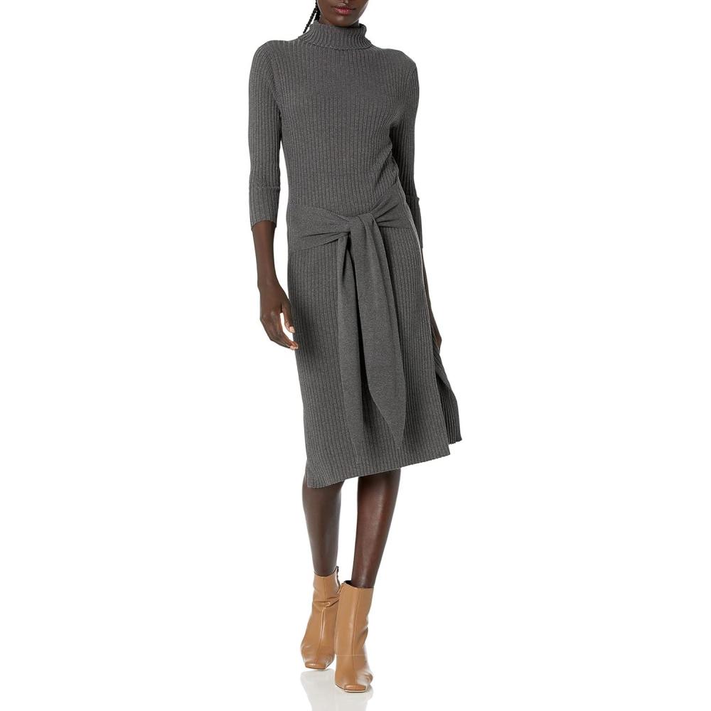 imageCable Stitch Womens Turtleneck Ribbed Sweater Dress  34 Sleeve Tie Waist Bodycon Fitted Knit DressCharcoal