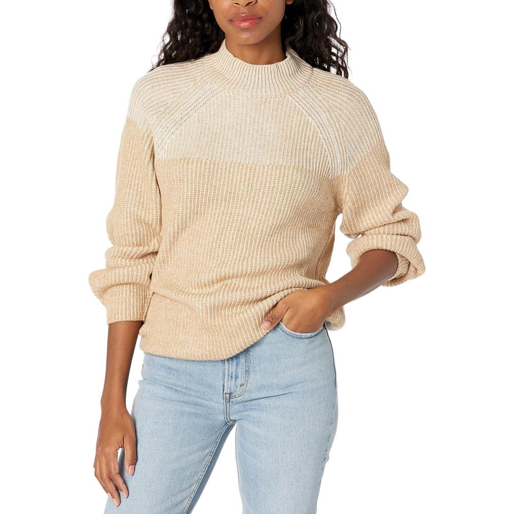 imageCable Stitch Womens Two Tone Mock Neck Sweater  Raglan Long Sleeve Colorblock Pullover RibKnit Top