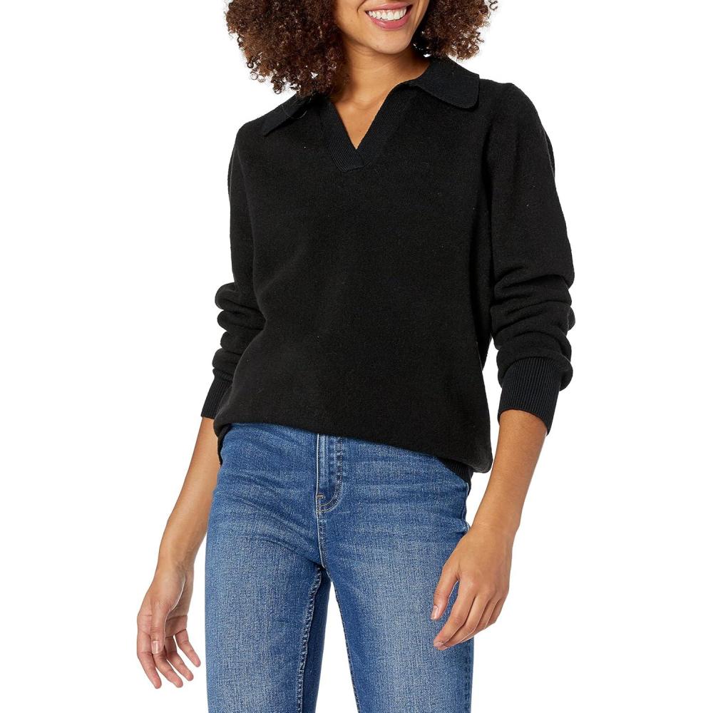 imageCable Stitch Womens Two Tone Polo Neck Open Collar VNeck Sweater  Long Sleeve Relaxed Pullover TopBlack