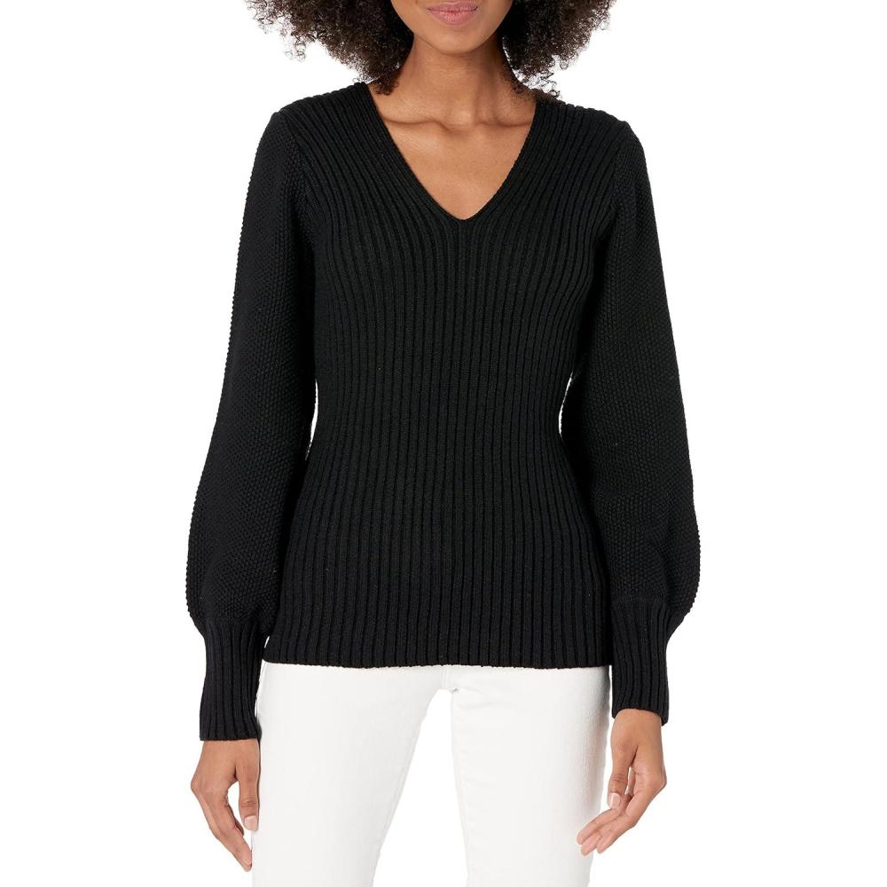imageCable Stitch Womens VNeck Blouson Sleeve Sweater  Long Sleeve Rib Knit Solid Color Pullover TopBlack