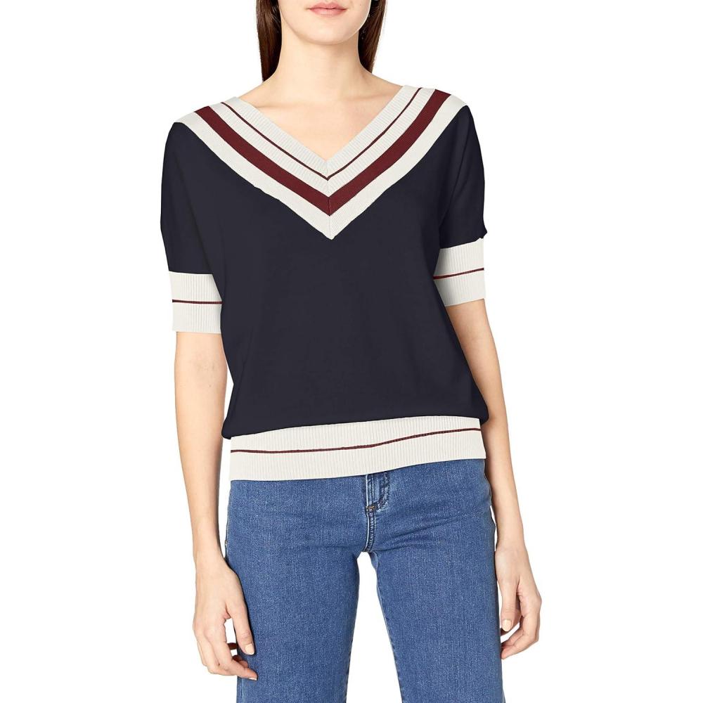 imageCable Stitch Womens VNeck Colorblock Short Sleeve Sweater  Lightweight Pullover Knit TopNavy