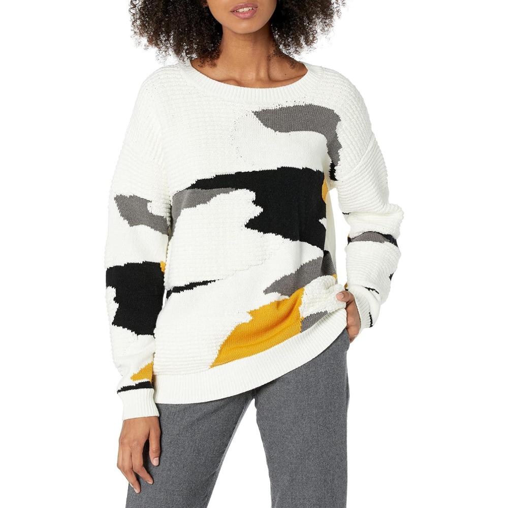 imageCable Stitch Womens Vintage Intarsia Pullover Sweater  Crewneck Long Sleeve Geometric Pattern TopMulticream