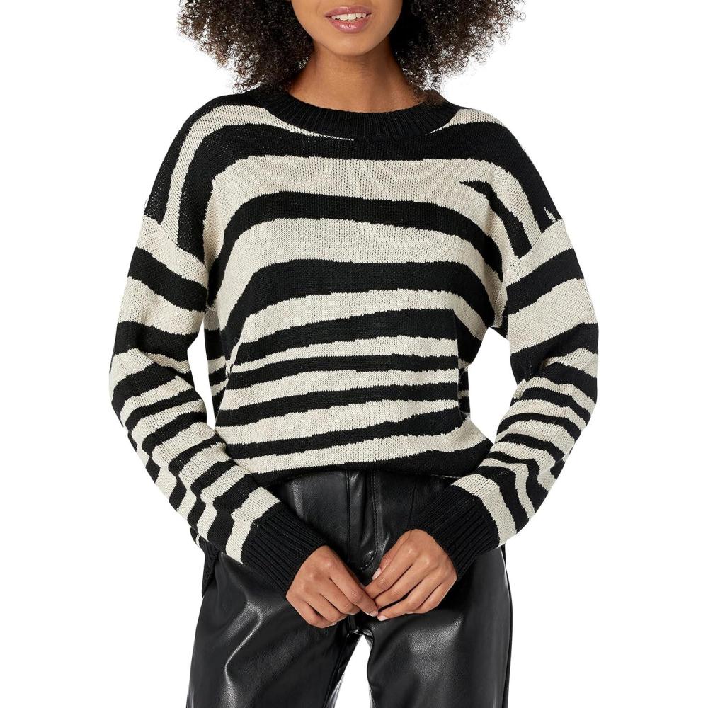 imageCable Stitch Womens Zebra Print Jacquard Sweater  Crewneck Long Sleeve Drop Shoulder Soft Boxy Pattern Pullover Top