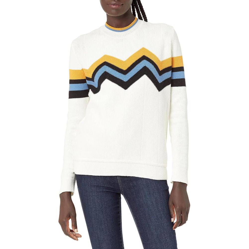 imageCable Stitch Womens Zig Zag Chevron Crewneck Pullover Sweater  Long Sleeve Lightweight Striped Color Blocked Knit TopWhite