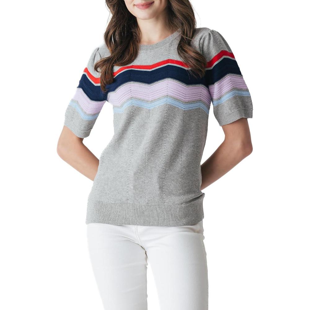 imageCable Stitch Womens Zig Zag Stitch Short Sleeve Sweater  Crewneck Soft Cotton Pullover Knit TopMultigrey
