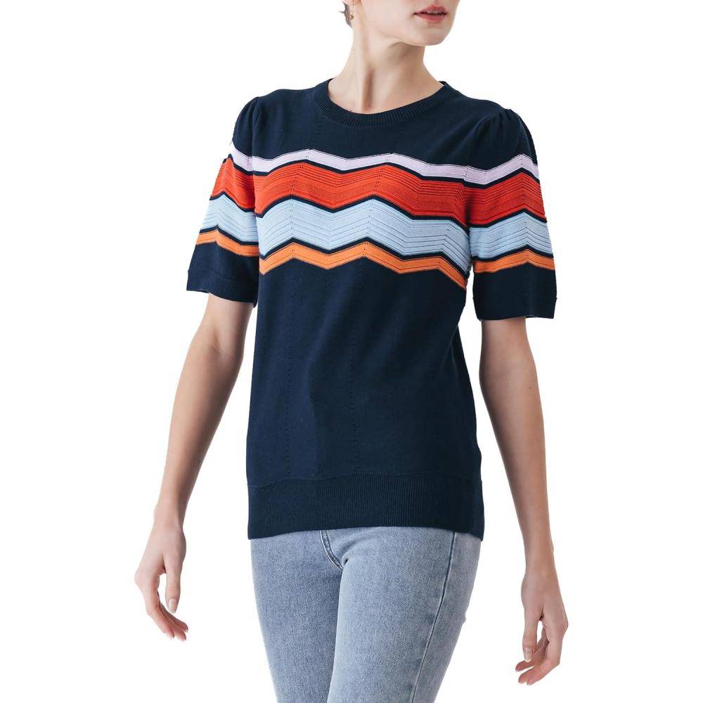 imageCable Stitch Womens Zig Zag Stitch Short Sleeve Sweater  Crewneck Soft Cotton Pullover Knit TopMultinavy