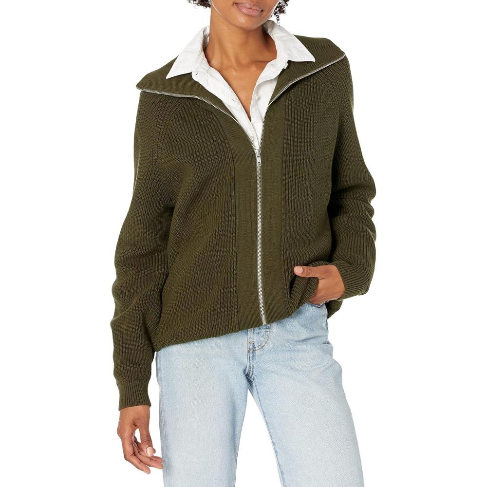 imageCable Stitch Womens Zipup Sweater Cardigan Jacket  Turtleneck RibKnit Raglan Long Sleeve Cotton CoatiganOlive
