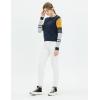Cable Stitch Women’s Contrast-Sleeve Cotton Sweater – Crewneck Long Sleeve Knitted Pullover Top(Navy)