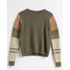 Cable Stitch Women’s Contrast-Sleeve Cotton Sweater – Crewneck Long Sleeve Knitted Pullover Top(Olive)