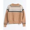 Cable Stitch Women’s Fair Isle Sweater – Classic Vintage Jacquard Long Sleeve Crewneck Pullover Top(Bark)