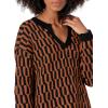 Cable Stitch Women’s Geometric Jacquard Pattern Sweater – V-Neck Long Sleeve Novelty Pullover Top(Black/Caramel)