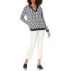 Cable Stitch Women’s Geometric Jacquard Pattern Sweater – V-Neck Long Sleeve Novelty Pullover Top(Navy/White)