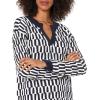 Cable Stitch Women’s Geometric Jacquard Pattern Sweater – V-Neck Long Sleeve Novelty Pullover Top(Navy/White)