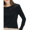 Cable Stitch Women’s Pointelle Inset Sweater – Long Sleeve Crewneck Lace Crochet Knit Pullover Top(Black)