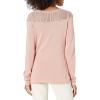 Cable Stitch Women’s Pointelle Inset Sweater – Long Sleeve Crewneck Lace Crochet Knit Pullover Top(Dusty Pink)