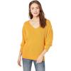 Cable Stitch Women’s Puff Sleeve V-Neck Sweater – Lightweight Pleated Blouson Long Sleeve Pullover Top(Marigold)