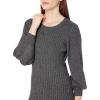 Cable Stitch Women’s Ribbed Bishop Sleeve Dress – Crewneck Long Sleeve Knee-Length Solid/Striped Bodycon Sweater Knit Dress(Marled Grey)