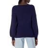 Cable Stitch Women’s Ribbed Blouson Sleeve Sweater – Boat Neck Long Sleeve Drop Shoulder Solid Color Pullover Knit Top(Navy)