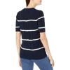 Cable Stitch Women’s Striped Cable Knit Short Sleeve Sweater – Crewneck Lightweight Cotton Pullover Top(Navy)