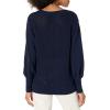 Cable Stitch Women’s Textured Back Cotton Sweater – Long Lantern Sleeve V-Neck Solid Color Pullover Knit Top(Navy)