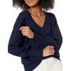 Cable Stitch Women’s Textured Back Cotton Sweater – Long Lantern Sleeve V-Neck Solid Color Pullover Knit Top(Navy)