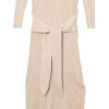 Cable Stitch Women’s Turtleneck Ribbed Sweater Dress – 3/4 Sleeve Tie Waist Bodycon Fitted Knit Dress(Tan)