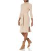 Cable Stitch Women’s Turtleneck Ribbed Sweater Dress – 3/4 Sleeve Tie Waist Bodycon Fitted Knit Dress(Tan)