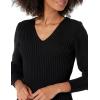 Cable Stitch Women’s V-Neck Blouson Sleeve Sweater – Long Sleeve Rib Knit Solid Color Pullover Top(Black)