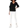 Cable Stitch Women’s V-Neck Blouson Sleeve Sweater – Long Sleeve Rib Knit Solid Color Pullover Top(Black)