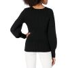 Cable Stitch Women’s V-Neck Blouson Sleeve Sweater – Long Sleeve Rib Knit Solid Color Pullover Top(Black)