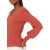 Cable Stitch Women’s V-Neck Blouson Sleeve Sweater – Long Sleeve Rib Knit Solid Color Pullover Top(Spice)