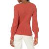 Cable Stitch Women’s V-Neck Blouson Sleeve Sweater – Long Sleeve Rib Knit Solid Color Pullover Top(Spice)