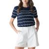 Cable Stitch Women’s Chevron Stitch Short Sleeve Sweater Top – Zig-Zag Crewneck Lightweight Soft Knit(Navy/White)