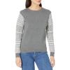 Cable Stitch Women’s Contrast-Sleeve Cotton Sweater – Crewneck Long Sleeve Knitted Pullover Top(Jacquard Grey)