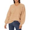 Cable Stitch Women’s Cozy Boucle V-Neck Sweater – Long Balloon Sleeve Oversized Solid Color Pullover Knit Top(Camel)