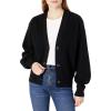 Cable Stitch Women’s Cropped Textured Cardigan – Button Front V-Neck Shaker Fisherman Stitch Balloon Sleeve Oversized Sweater(Black)