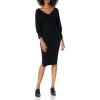 Cable Stitch Women’s Double V-Neck Midi Dress – 3/4 Sleeve Knitted Fall Winter Sweater Dress with Side Slits(Black)