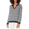 Cable Stitch Women’s Geometric Jacquard Pattern Sweater – V-Neck Long Sleeve Novelty Pullover Top(Navy/White)
