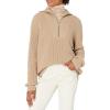 Cable Stitch Women’s Half Zip Cotton Pullover Sweater – Solid V-Neck Collar Loose Rib-Knit Long Sleeve Top(Camel)