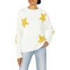 Cable Stitch Women’s Intarsia Sweater – Star, Lightning Bolt, Heart Graphics Long Sleeve Crewneck Pullover Top(Off-white/Marigold Star)