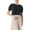 Cable Stitch Women’s Pointelle Short Sleeve Crewneck Sweater Top – Lightweight Puff Sleeve Pullover(Black)
