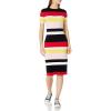 Cable Stitch Women’s Ribbed Short Sleeve Rib-Knit Dress – Striped/Solid Crewneck Bodycon Midi Dress(Multi-stripe)