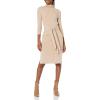 Cable Stitch Women’s Turtleneck Ribbed Sweater Dress – 3/4 Sleeve Tie Waist Bodycon Fitted Knit Dress(Tan)