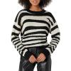 Cable Stitch Women’s Zebra Print Jacquard Sweater – Crewneck Long Sleeve Drop Shoulder Soft Boxy Pattern Pullover Top