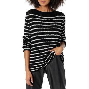 Cable Stitch Women’s Boat Neck Striped Sweater – Long Sleeve Lightweight Textured Soft Pullover Top(Black/White)